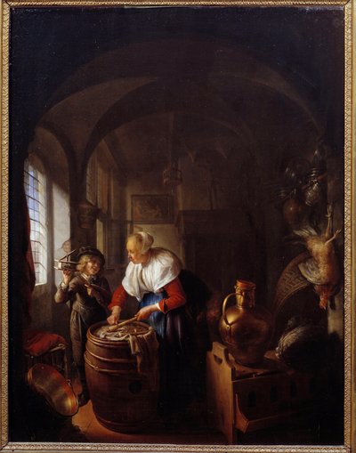 Il topo. Un bambino mostra a sua madre una trappola per topi da Gerrit Dou