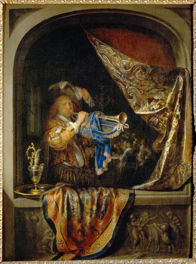 Il trombettiere, sullo sfondo un banchetto ... da Gerrit or Gerard Dou