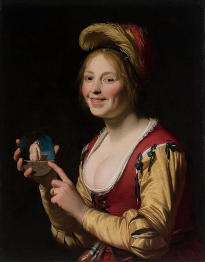 Ragazza sorridente, una cortigiana, che tiene un