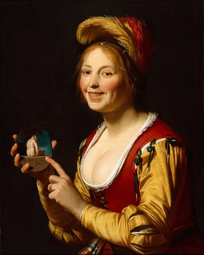 Ragazza sorridente, cortigiana, con in mano un