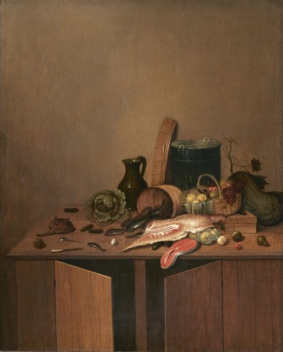 Natura morta in cucina con carne, pesce e verdure da Gerrit van Vucht
