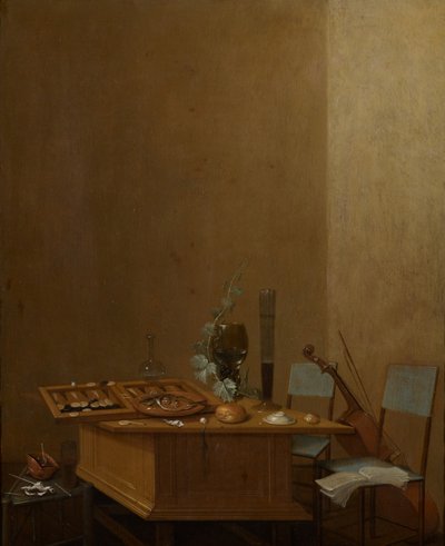 Natura morta con gioco tric-trac su un tavolo di legno, sedie e violoncello a destra da Gerrit van Vucht