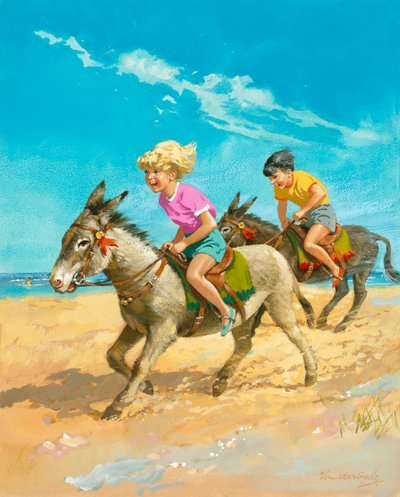 Ragazzo e ragazza a cavallo di asini sulla spiaggia da Gerritt Vandersyde