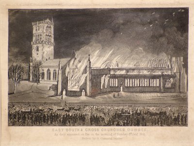Chiese Est, Sud e Croce, Dundee, come apparivano in fiamme domenica 3 gennaio 1841, c.1841 da Gershom Gourlay Cumming