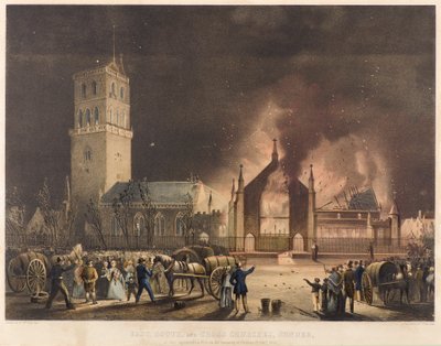 Chiese Est, Sud e Croce, Dundee, come apparivano in fiamme domenica 3 gennaio 1841, c.1841 da Gershom Gourlay Cumming
