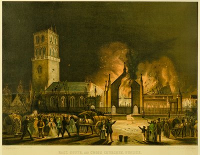 Chiese Est, Sud e Croce, Dundee (come apparivano in fiamme la mattina di domenica 3 gennaio 1841) (dopo George McGillivray) da Gershom Gourlay Cumming