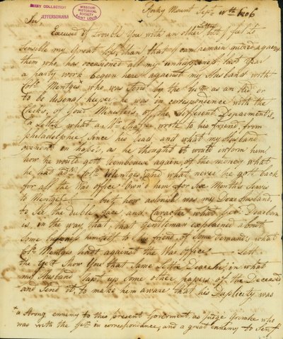 Lettera firmata Gertrude Joan Senf, Rocky Mount, a Thomas Jefferson, 11 settembre 1806 da Gertrude Joan Senf