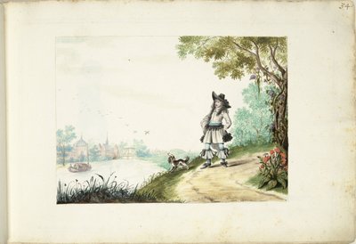 Signore che cammina lungo un fiume da Gesina ter Borch (signed by artist)