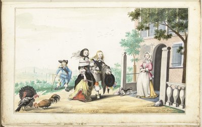 Coppia saluta una signora alla porta di una villa da Gesina ter Borch (signed by artist)