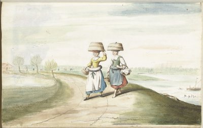Due contadine che camminano in un paesaggio da Gesina ter Borch (signed by artist)