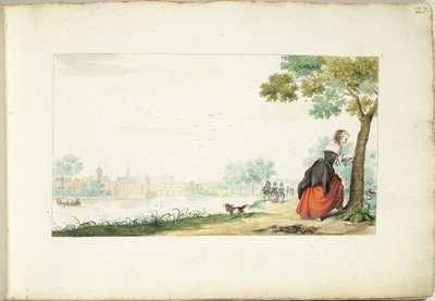 Donna che incide nomi su un albero da Gesina ter Borch (signed by artist)