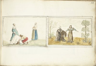 Uomo che allaccia una scarpa e eremita che porge un mantello da Gesina ter Borch