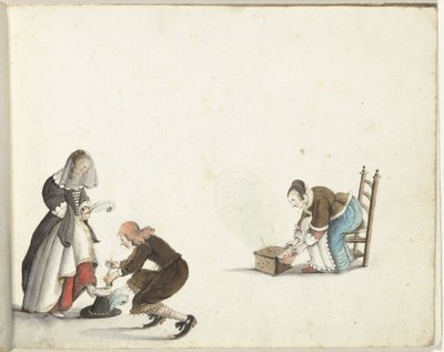 Signore allaccia la scarpa di una signora e una donna accende il fuoco in uno scaldino da Gesina ter Borch