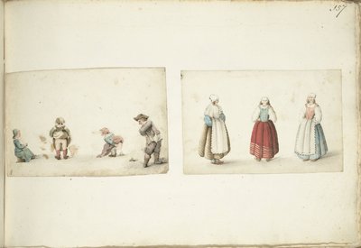 Quattro bambini che fanno i loro bisogni e tre donne in piedi da Gesina ter Borch