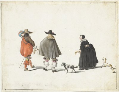 Donna in nero, accompagnata da due cagnolini, che parla con due signori da Gesina ter Borch