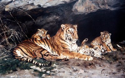 Una tigre e i suoi cuccioli da Geza Vastagh