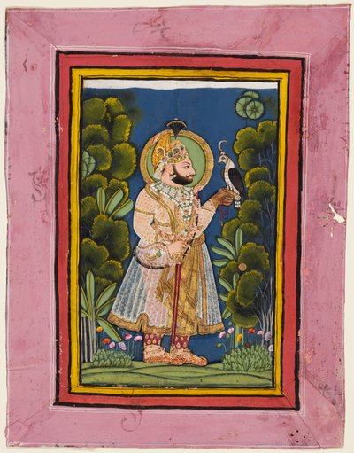 Maharana Jawan Singh in una foresta con un falco da Ghasi