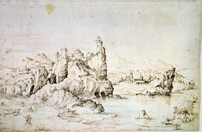 Un castello su una roccia in un paesaggio montano, 1540 da Gherado Cibo