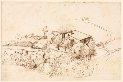 Fattoria con alberi in un paesaggio collinare (verso) da Gherardo Cibo