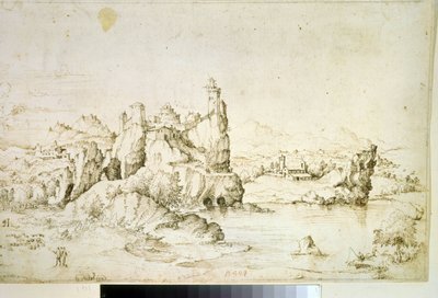 Un castello su una roccia in un paesaggio montano da Gherardo Cibo