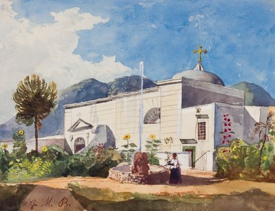 Chiesa e fontana, possibilmente il giardino di una residenza reale, con aggiunte del Principe Gaetano Maria Federico di Borbone (1846-1871) da Giacinto Gigante