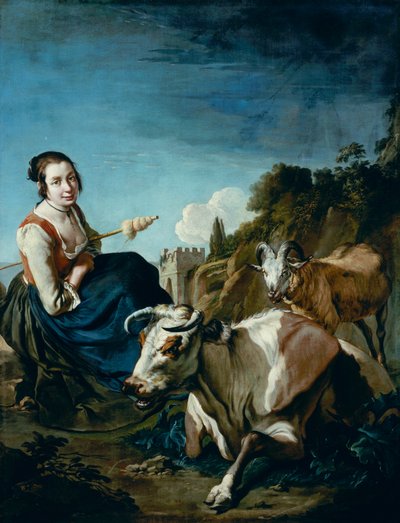 Ragazza con una mucca e pecore in un paesaggio roccioso, c.1700 da Giacomo Ceruti
