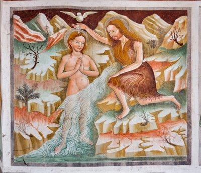 San Giovanni Battista che battezza Gesù nel fiume Giordano (dettaglio) da Giacomo Borlone de Buschis