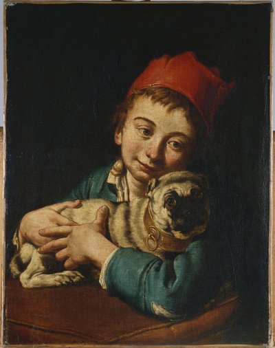 Ragazzo, mezzo busto, in giacca blu e cappello rosso, con un carlino su un cuscino da Giacomo Ceruti