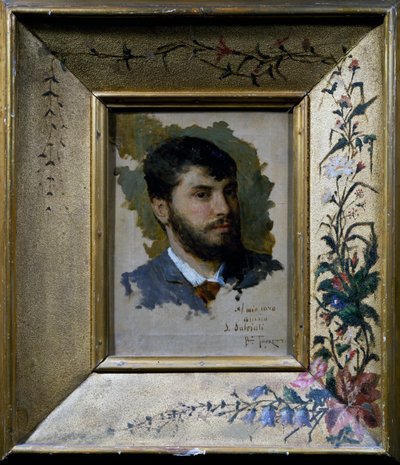 Autoritratto con cornice dipinta con motivo floreale da Giacomo Favretto