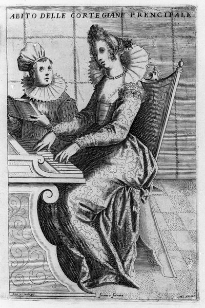 Una cortigiana in abito elegante che suona il pianoforte. Incisione di Giacomo Franco (1550-1620) da "Venezia, usi e costumi", circa 1597. da Giacomo Franco