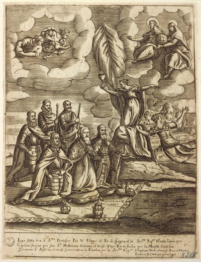 Allegoria della Lega Santa del 1571 stipulata da Papa Pio V, Filippo di Spagna e Doge di Venezia Alvise Mocenigo, incisione di Giacomo Franco (1556-1620) da Giacomo Franco