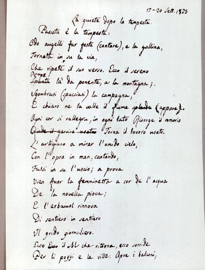Manuscript of his Poem "La quiete dopo la tempesta" by Leopardi. 1829 (documents ) da Giacomo Leopardi