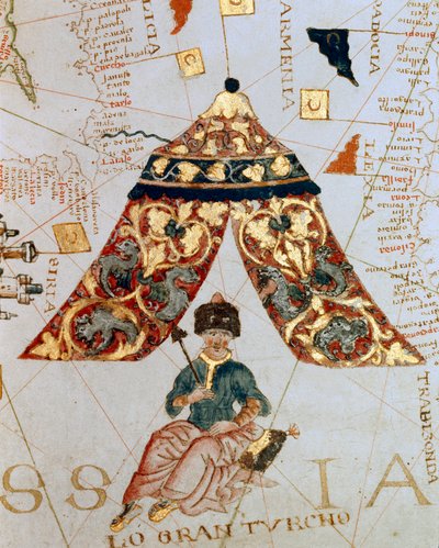 Dettaglio di una mappa del cartografo Giacomo de Maggiolo raffigurante il Sultano Solimano I detto il Magnifico (1520-1566) chiamato 