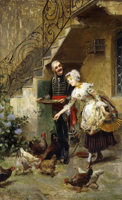 Una coppia elegante che nutre i polli in un cortile da Giacomo Mantegazza