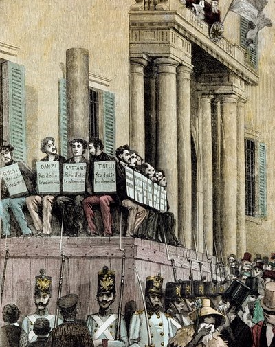 Risorgimento: membri del movimento Giovine Italia (inclusi Carlo Cattaneo, Tinelli, Danzi, Bussi) davanti al Palazzo di Giustizia di Milano, ascoltando la sentenza di esilio nel 1848 (litografia di Manteg) da Giacomo Mantegazza