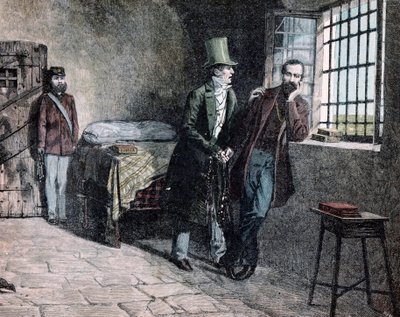 Risorgimento: il patriota italiano Giuseppe Mazzini (1805-1872) imprigionato a Savona nel 1830 incontra suo padre che lo spinge a lasciare gli stati sardi. Incisione di Giacomo Mantegazza (1853-1920) 1884 Collezione privata da Giacomo Mantegazza