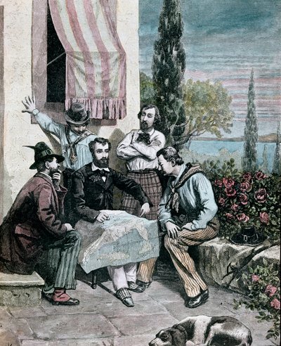 Risorgimento: gli esuli a Corfù, tra cui i fratelli Attilio Bandiera (1810-1844) ed Emilio Bandiera (1819-1844) studiano una mappa italiana per organizzare una spedizione da Giacomo Mantegazza