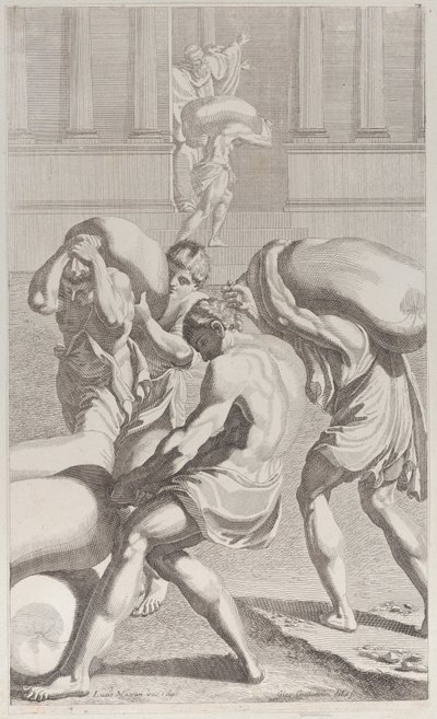 Uomini che portano sacchi di piombo nel monastero di San Benedetto da Giacomo Maria Giovannini