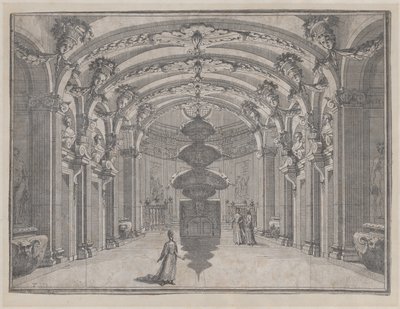 Scena Teatrale in una Grande Sala con un Soffitto a Volta e una Scultura Centrale, ca. 1687-1717 da Giacomo Maria Giovannini