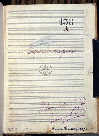 Manoscritto di spartito per “Capriccio sinfonico” del compositore Giacomo Puccini (1858-1924) 1883. Biblioteca del Conservatorio Giuseppe Verdi, Milano da Giacomo Puccini