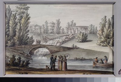 Il tempio di Apollo e la cascata nel parco Pavlovsk da Giacomo Quarenghi