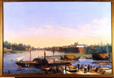 Veduta del porto di Pavia sul Po e del piroscafo Principessa Clementina da Giacomo Trecourt