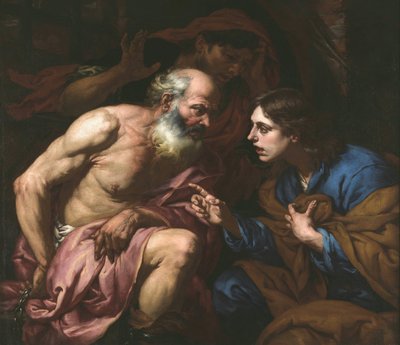 Giuseppe interpreta il sogno del panettiere e del coppiere - Dipinto di Giovan Battista Langetti (1635-1676) da Giambattista Langetti