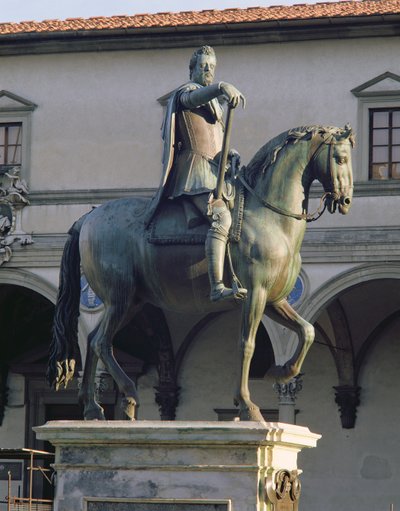 Statua equestre del Granduca Ferdinando I, dettaglio del cavallo e del cavaliere di lato da Giambologna