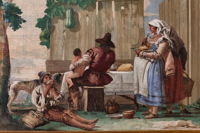 Famiglia di contadini a tavola, dalla stanza delle scene rustiche, nella Foresteria da Giandomenico  Tiepolo