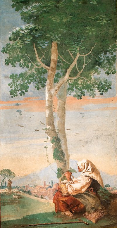La Vecchia Contadina Seduta Sotto un Albero con un Cesto di Uova, dalla Stanza delle Scene Campestri, 1757 da Giovanni Domenico Tiepolo