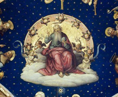 Dio benedicente seduto in gloria, dettaglio da scena delle Storie della vita di San Giovanni Battista da Giannicola di Paolo