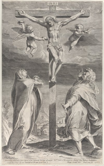Crocifissione con la Vergine Maria e San Giovanni Evangelista, angeli sopra, ca. 1593 da Gijsbert Van Veen