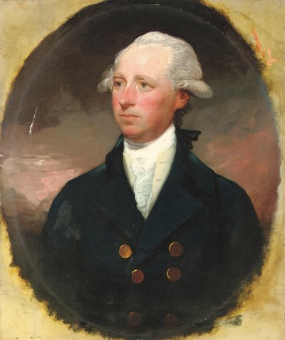 Ritratto di Sir Thomas George Skipwith, mezzo busto, in un cappotto blu, ovale simulato da Gilbert Stuart