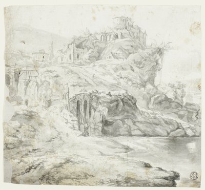 Promontorio roccioso con rovine e cascate (recto); schizzo di scogliera con edifici (verso) da Giles Edme Petit